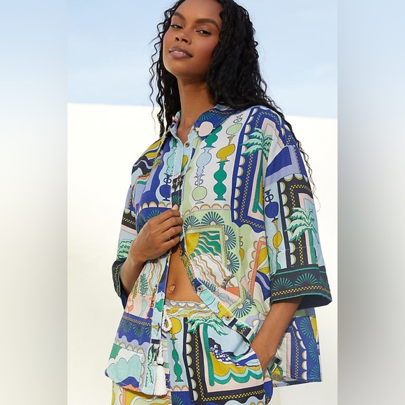 Anthropologie Tops - NWT! By Anthropologie Short-Sleeve Printed Linen Buttondown Shirt Top - XXS 🐸
